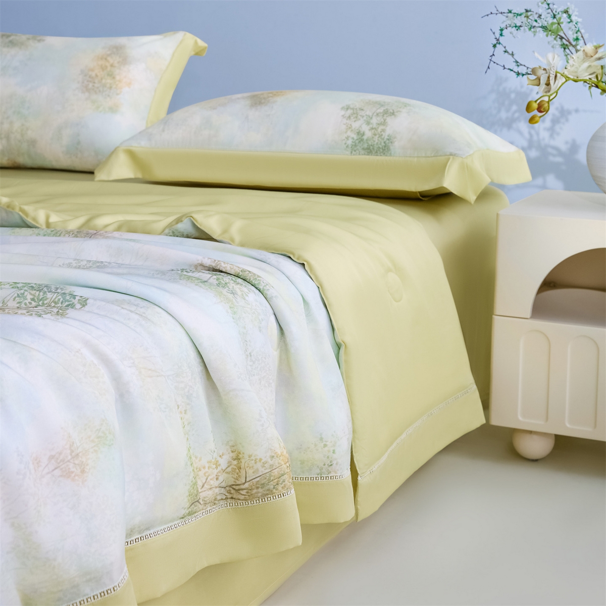 91家纺网 家纺一手货源 找家纺 恬思语家纺 2026春夏新品莱赛尔天丝印花蚕丝夏被夏凉被空调被 幸福里-绿