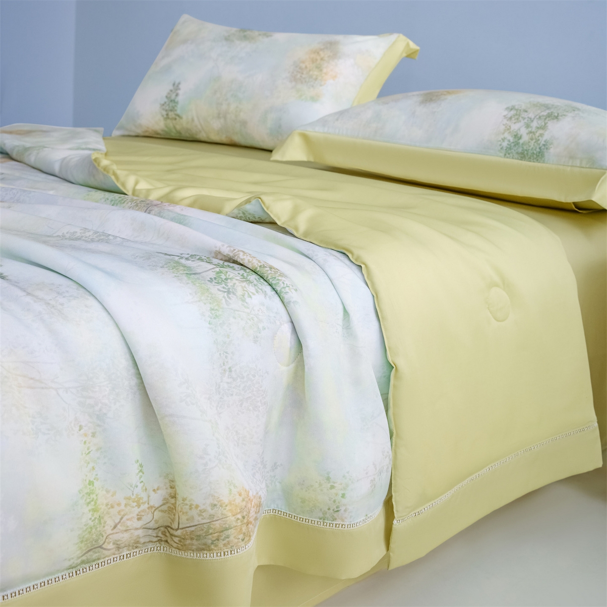 91家纺网 家纺一手货源 找家纺 恬思语家纺 2026春夏新品莱赛尔天丝印花蚕丝夏被夏凉被空调被 幸福里-绿