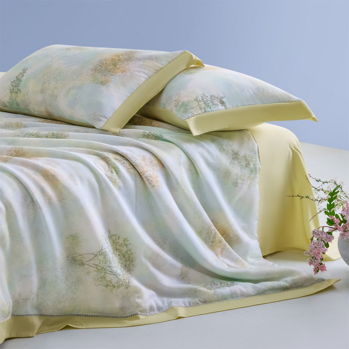 91家纺网 家纺一手货源 找家纺 恬思语家纺 2026春夏新品莱赛尔天丝印花蚕丝夏被夏凉被空调被 幸福里-绿