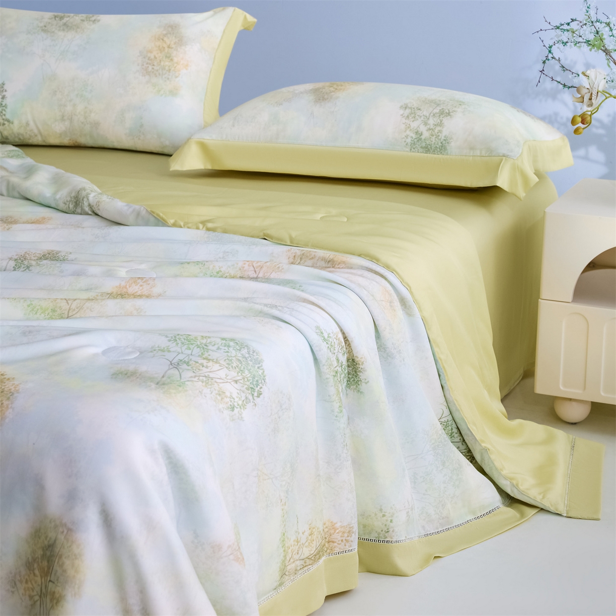 91家纺网 家纺一手货源 找家纺 恬思语家纺 2026春夏新品莱赛尔天丝印花蚕丝夏被夏凉被空调被 幸福里-绿