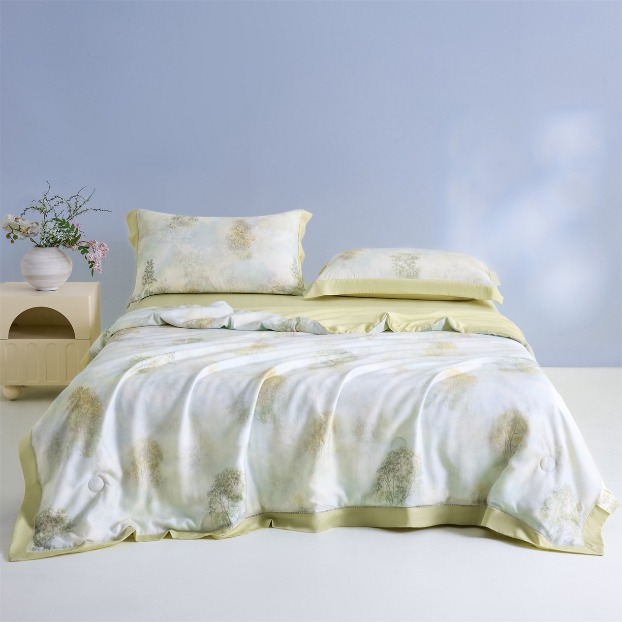 91家纺网 家纺一手货源 找家纺 恬思语家纺 2026春夏新品莱赛尔天丝印花蚕丝夏被夏凉被空调被 幸福里-绿