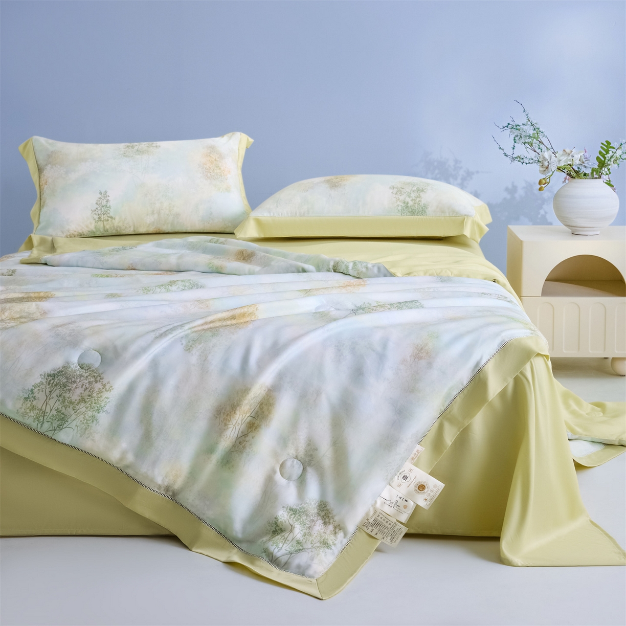 91家纺网 家纺一手货源 找家纺 恬思语家纺 2026春夏新品莱赛尔天丝印花蚕丝夏被夏凉被空调被 幸福里-绿