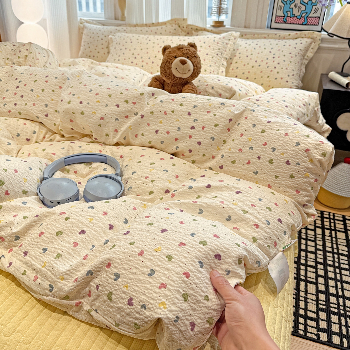 91家纺网 家纺一手货源 找家纺 富米莱（原臻工厂） 2026新款云感泡芙棉小清新印花简约床盖床裙四件套一小红书推荐 简约-彩虹糖豆