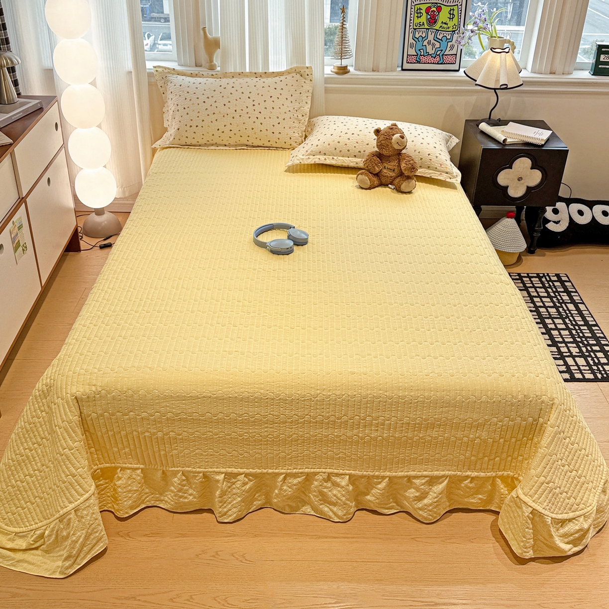 91家纺网 家纺一手货源 找家纺 富米莱（原臻工厂） 2026新款云感泡芙棉小清新印花简约床盖床裙四件套一小红书推荐 简约-彩虹糖豆