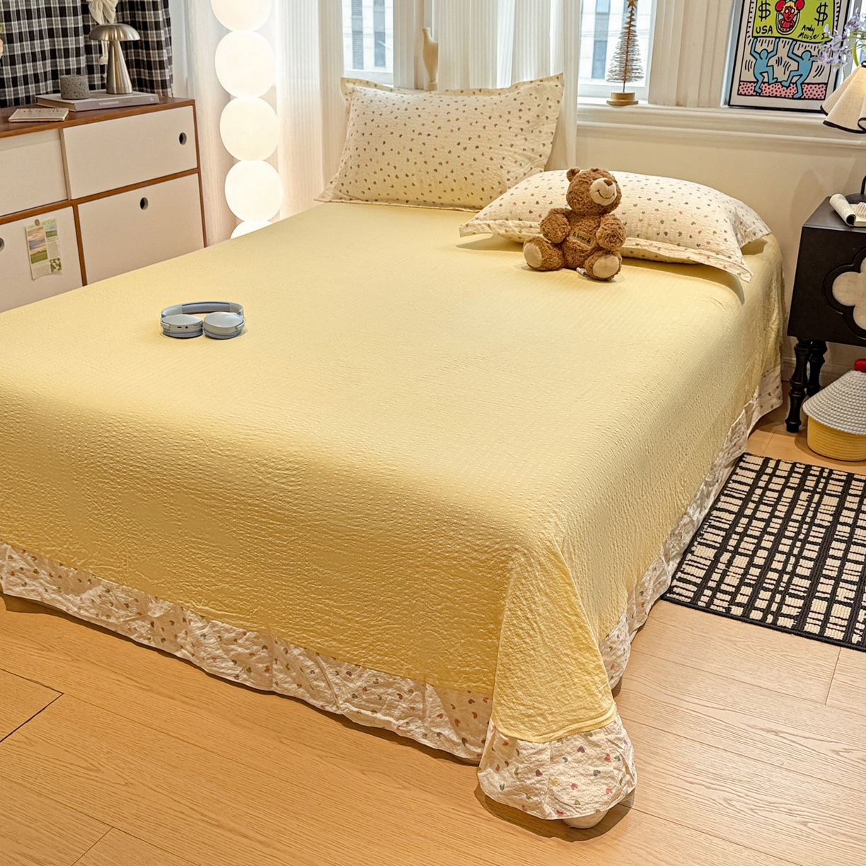 91家纺网 家纺一手货源 找家纺 富米莱（原臻工厂） 2026新款云感泡芙棉小清新印花简约床盖床裙四件套一小红书推荐 简约-彩虹糖豆