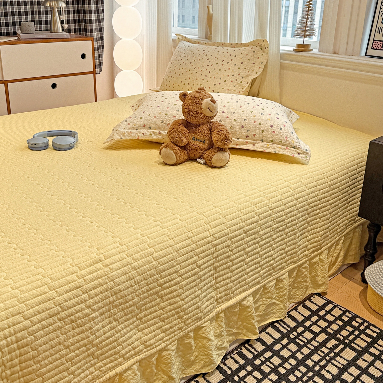 91家纺网 家纺一手货源 找家纺 富米莱（原臻工厂） 2026新款云感泡芙棉小清新印花简约床盖床裙四件套一小红书推荐 简约-彩虹糖豆