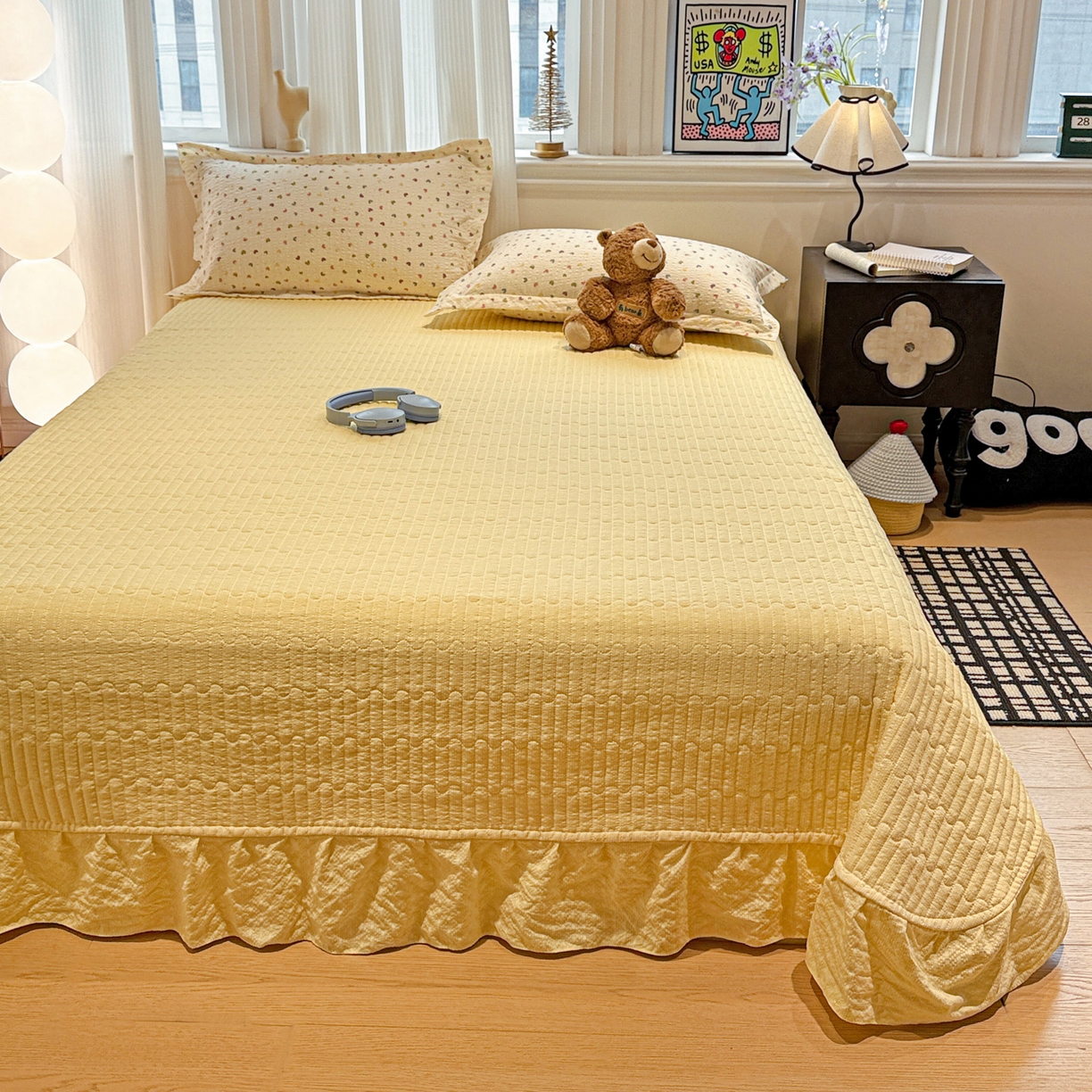 91家纺网 家纺一手货源 找家纺 富米莱（原臻工厂） 2026新款云感泡芙棉小清新印花简约床盖床裙四件套一小红书推荐 简约-彩虹糖豆