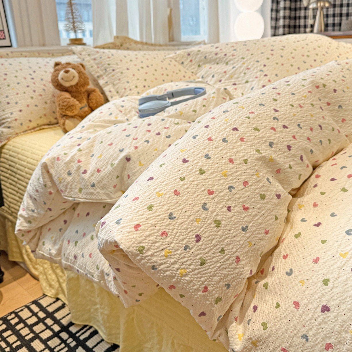 91家纺网 家纺一手货源 找家纺 富米莱（原臻工厂） 2026新款云感泡芙棉小清新印花简约床盖床裙四件套一小红书推荐 简约-彩虹糖豆