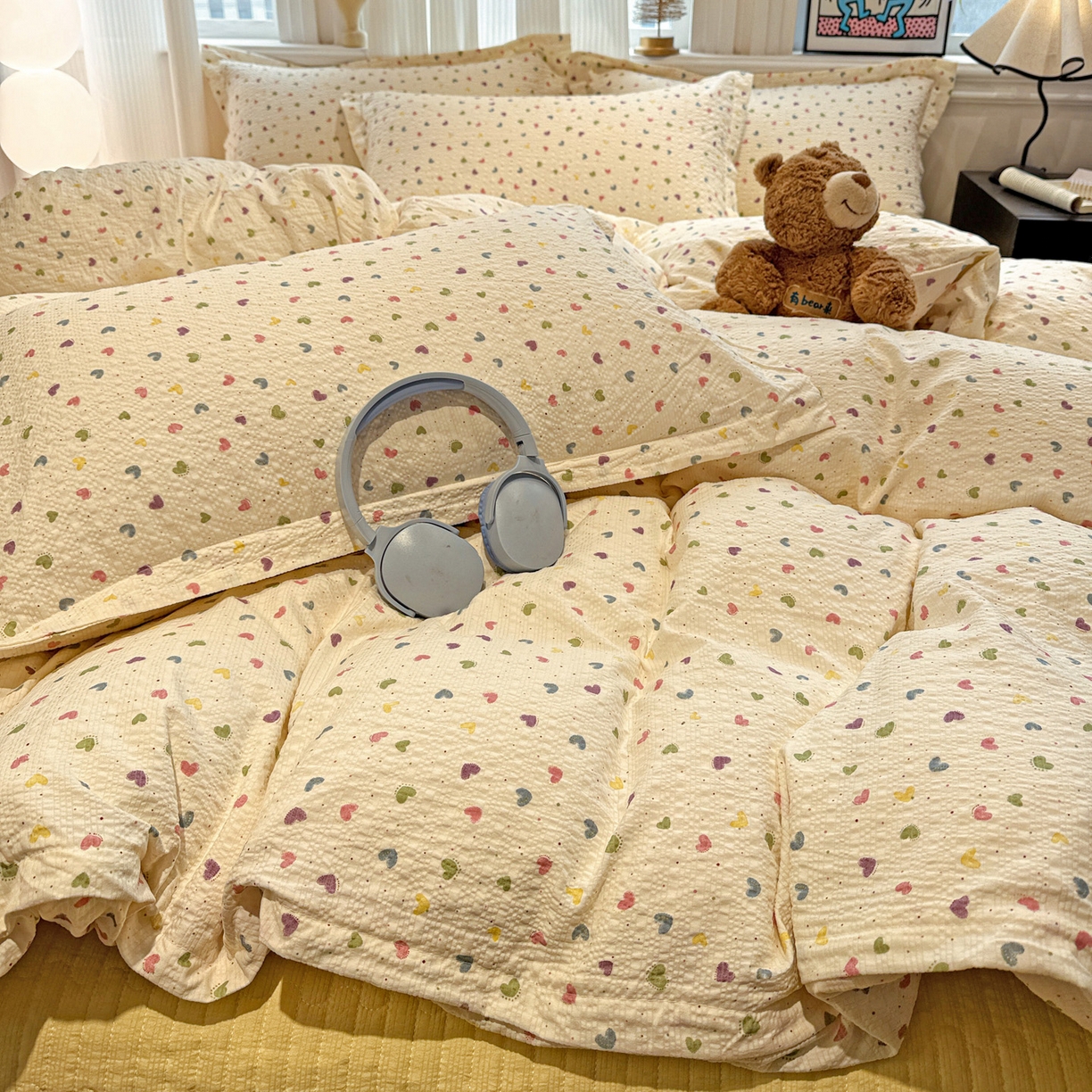 91家纺网 家纺一手货源 找家纺 富米莱（原臻工厂） 2026新款云感泡芙棉小清新印花简约床盖床裙四件套一小红书推荐 简约-彩虹糖豆