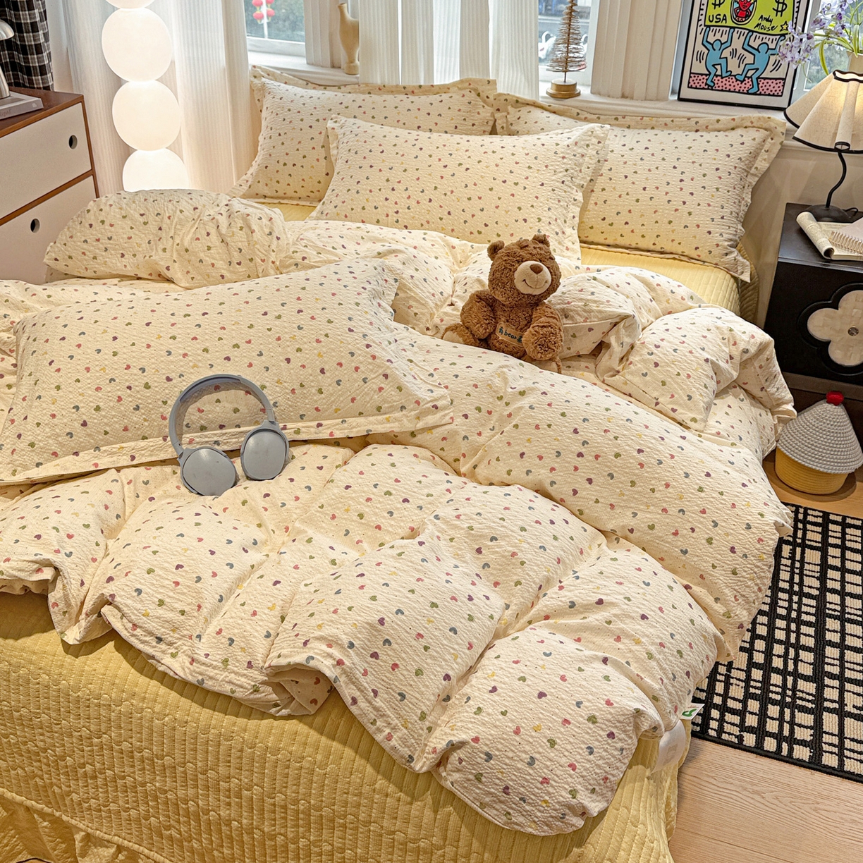 91家纺网 家纺一手货源 找家纺 富米莱（原臻工厂） 2026新款云感泡芙棉小清新印花简约床盖床裙四件套一小红书推荐 简约-彩虹糖豆