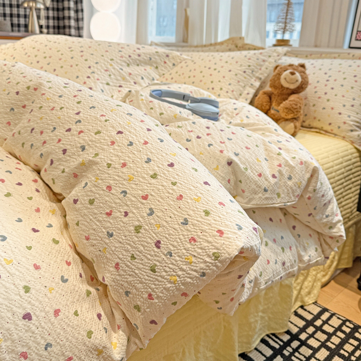 91家纺网 家纺一手货源 找家纺 富米莱（原臻工厂） 2026新款云感泡芙棉小清新印花简约床盖床裙四件套一小红书推荐 简约-彩虹糖豆