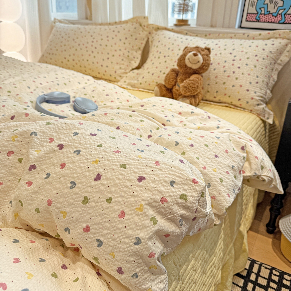 91家纺网 家纺一手货源 找家纺 富米莱（原臻工厂） 2026新款云感泡芙棉小清新印花简约床盖床裙四件套一小红书推荐 简约-彩虹糖豆