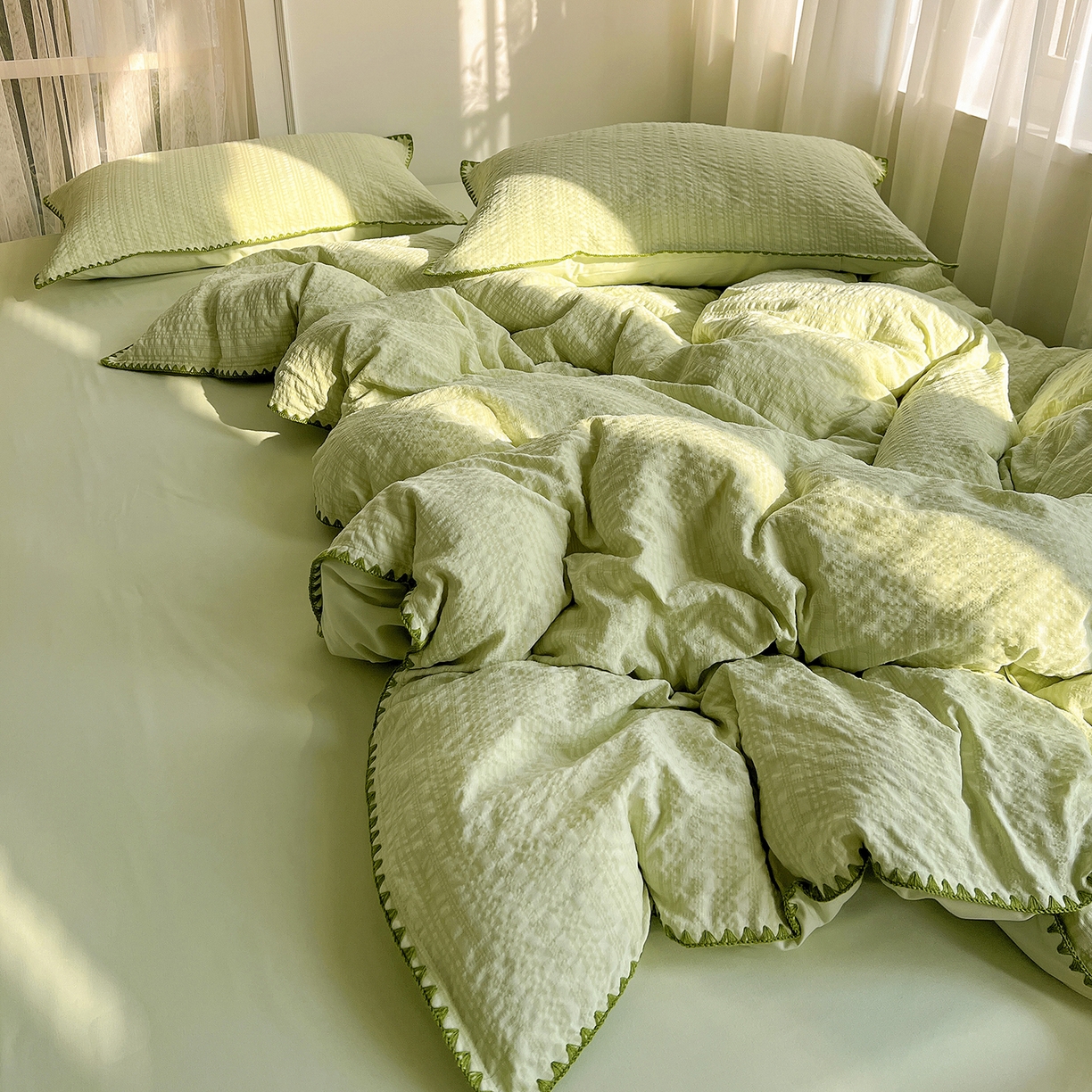 91家纺网 家纺一手货源 找家纺 一比一家纺 2026新款泡泡纱三角针四件套--纯色系列 抹茶绿