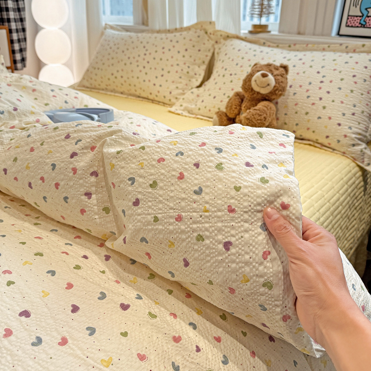 91家纺网 家纺一手货源 找家纺 富米莱（原臻工厂） 2026新款云感泡芙棉小清新印花简约床盖床裙四件套一小红书推荐 简约-彩虹糖豆