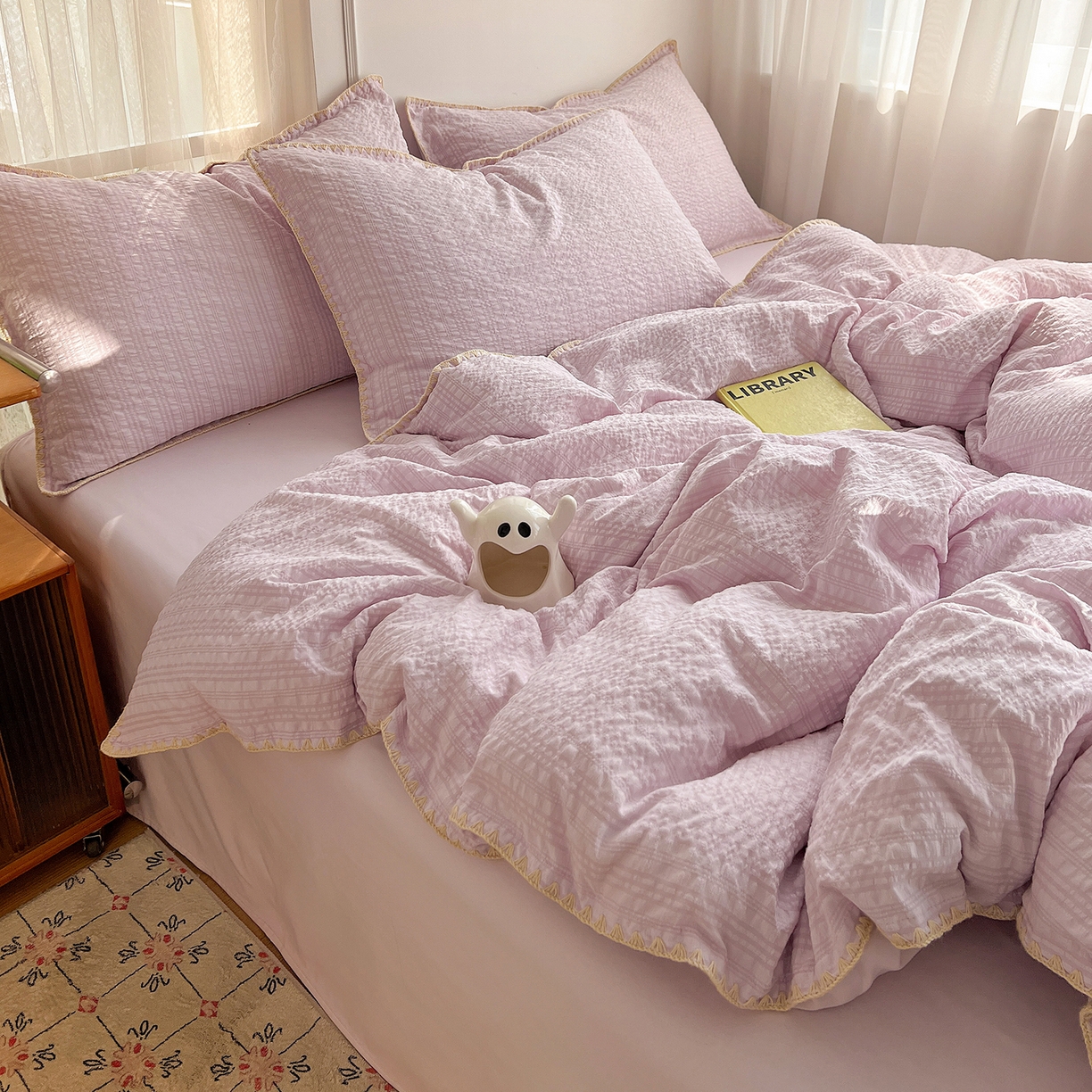 91家纺网 家纺一手货源 找家纺 一比一家纺 2026新款泡泡纱三角针四件套--纯色系列 芋泥紫