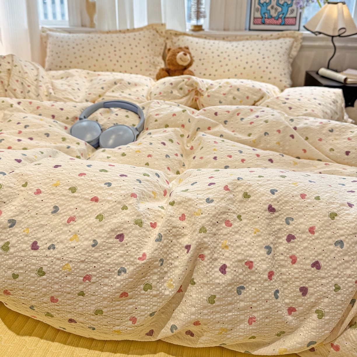 91家纺网 家纺一手货源 找家纺 富米莱（原臻工厂） 2026新款云感泡芙棉小清新印花简约床盖床裙四件套一小红书推荐 简约-彩虹糖豆