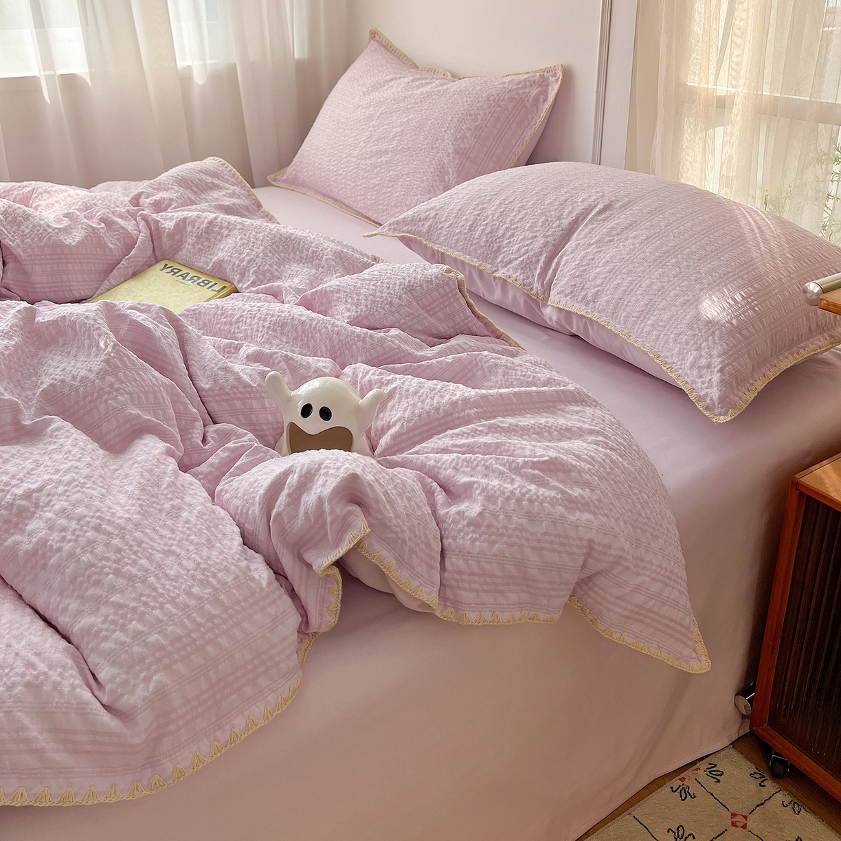 91家纺网 家纺一手货源 找家纺 一比一家纺 2026新款泡泡纱三角针四件套--纯色系列 芋泥紫