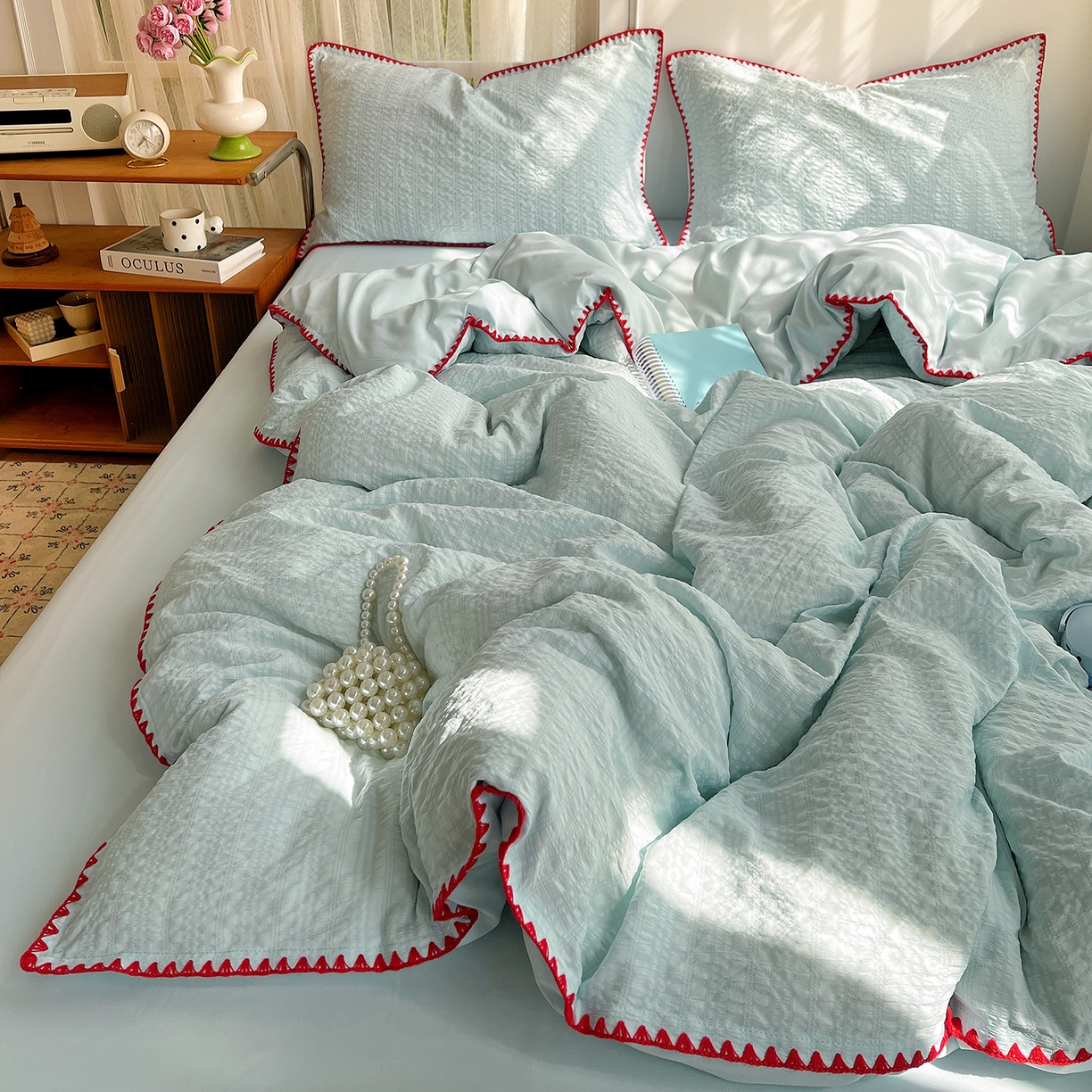 91家纺网 家纺一手货源 找家纺 一比一家纺 2026新款泡泡纱三角针四件套--纯色系列 薄荷绿