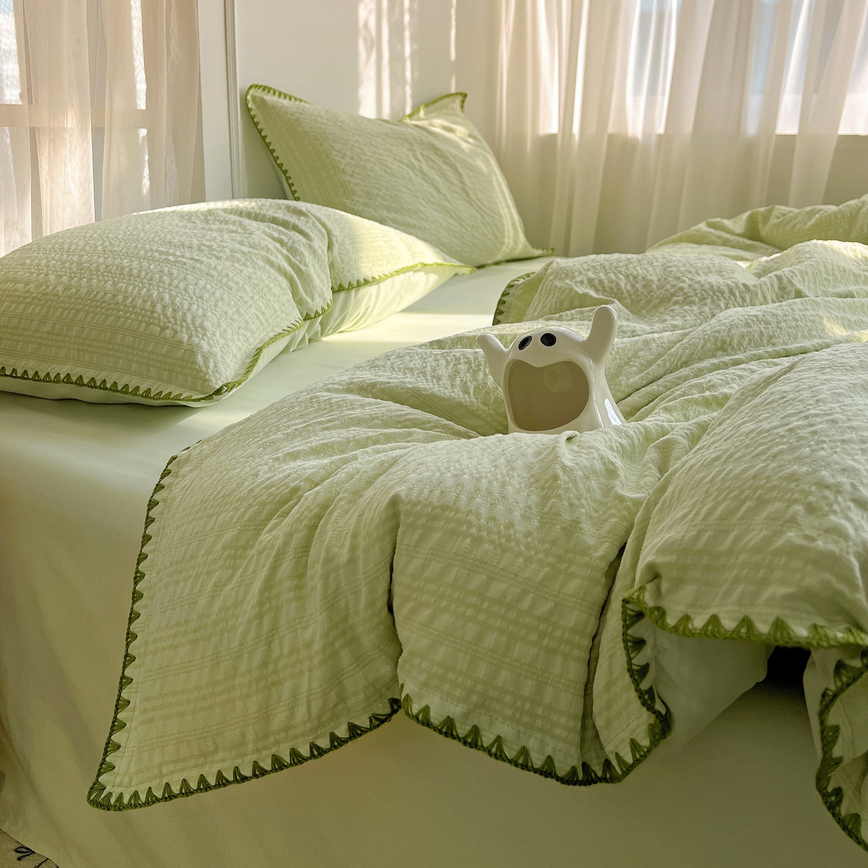 91家纺网 家纺一手货源 找家纺 一比一家纺 2026新款泡泡纱三角针四件套--纯色系列 抹茶绿