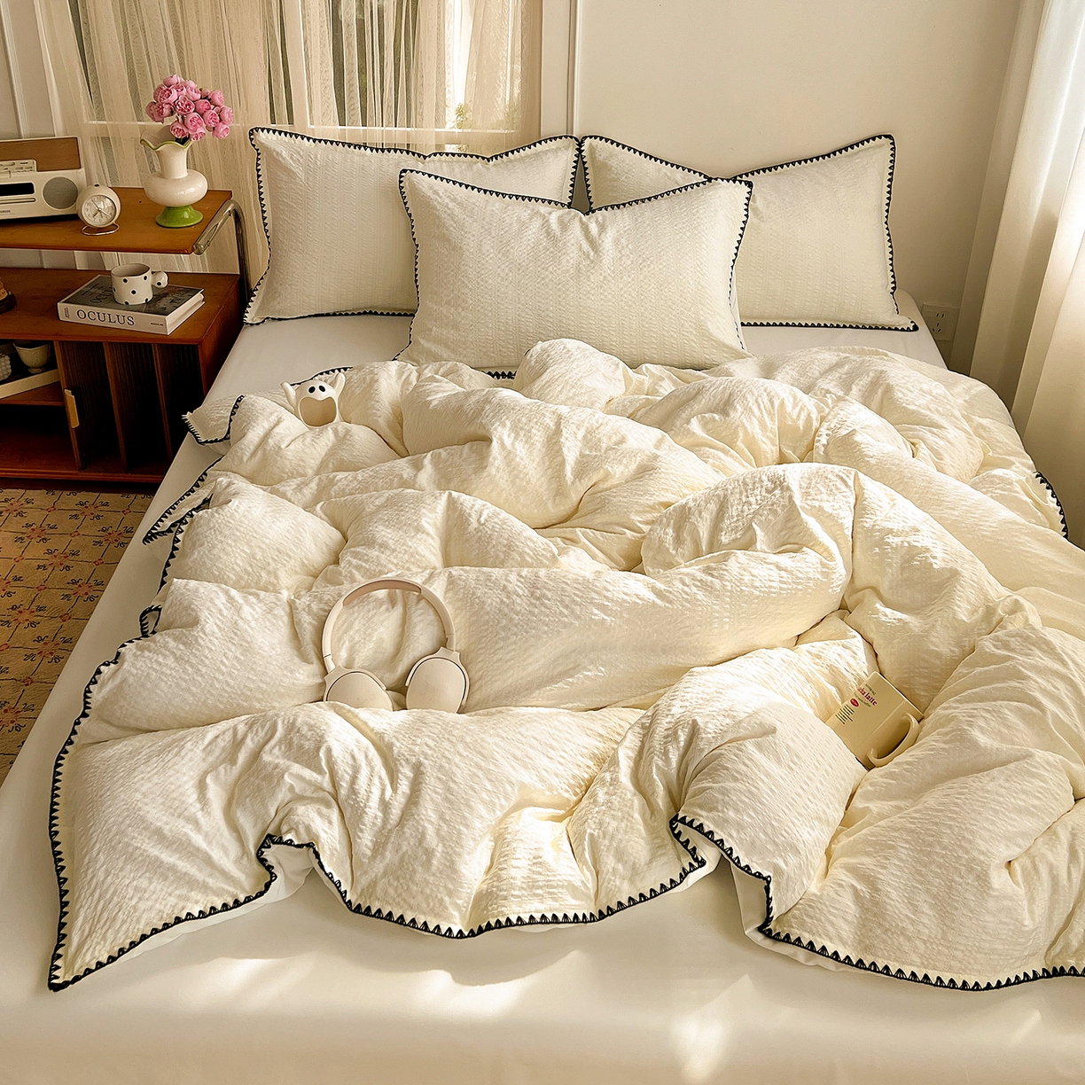 91家纺网 家纺一手货源 找家纺 一比一家纺 2026新款泡泡纱三角针四件套--纯色系列 杏仁白