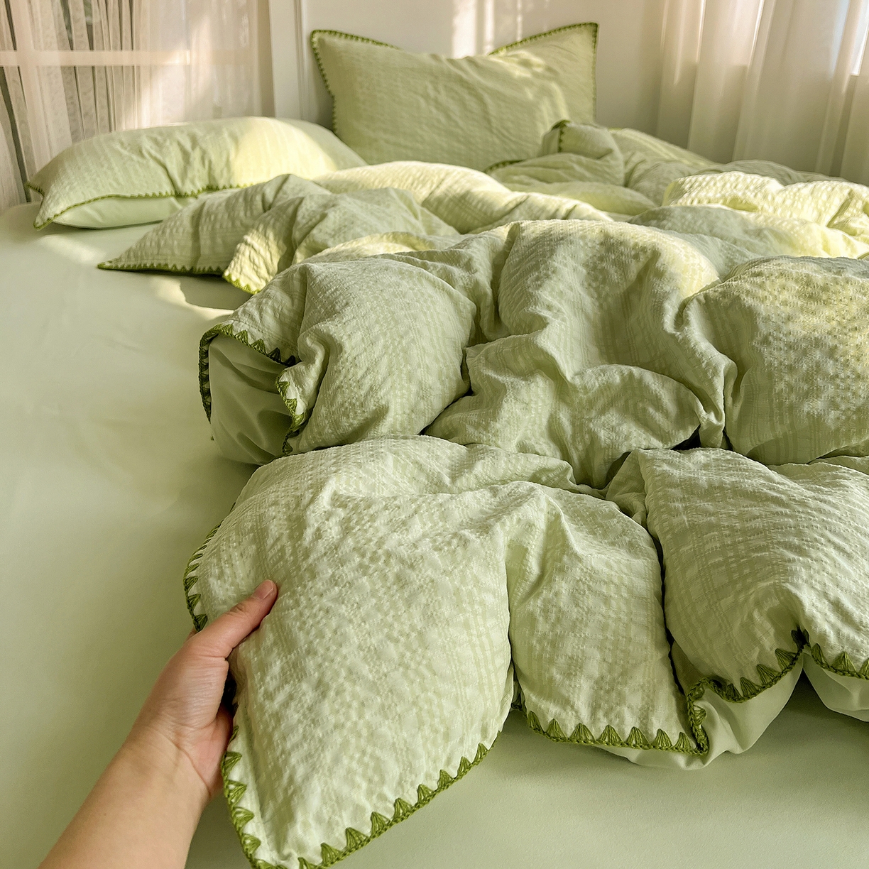 91家纺网 家纺一手货源 找家纺 （总）一比一家纺 2026新款泡泡纱三角针四件套--纯色系列