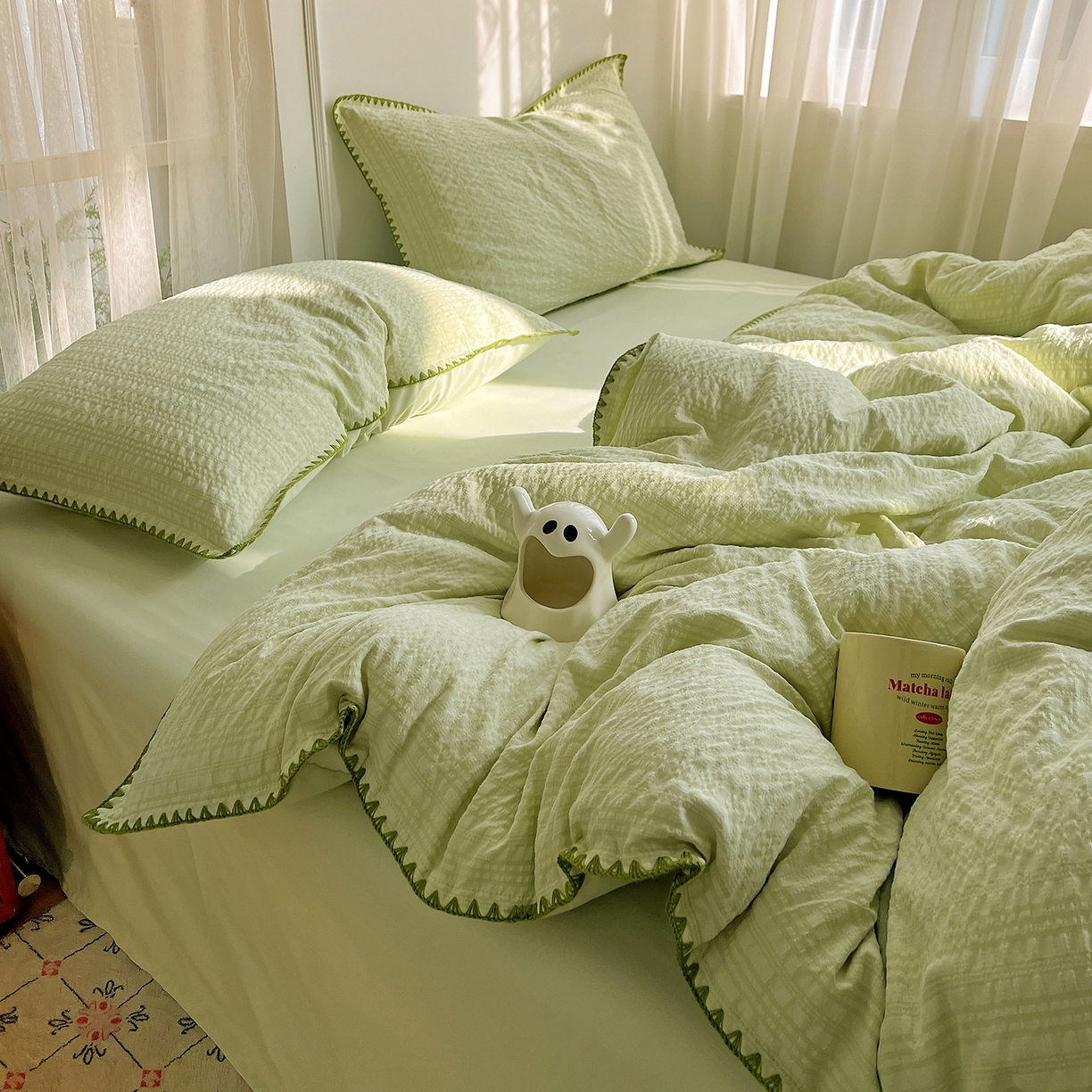 91家纺网 家纺一手货源 找家纺 一比一家纺 2026新款泡泡纱三角针四件套--纯色系列 抹茶绿