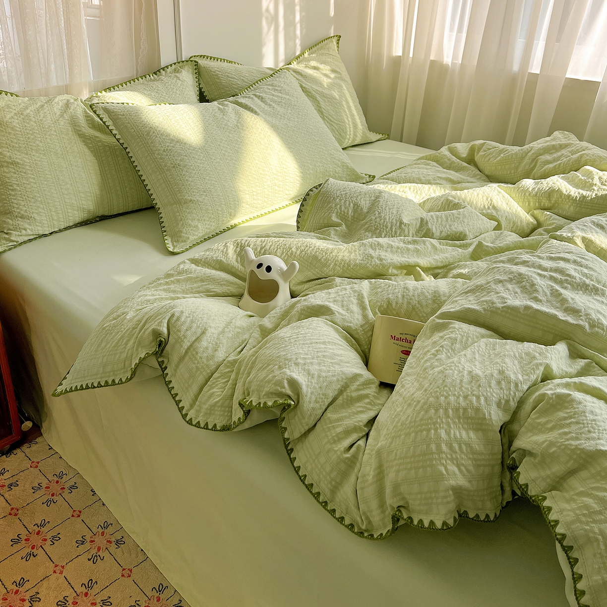 91家纺网 家纺一手货源 找家纺 一比一家纺 2026新款泡泡纱三角针四件套--纯色系列 抹茶绿