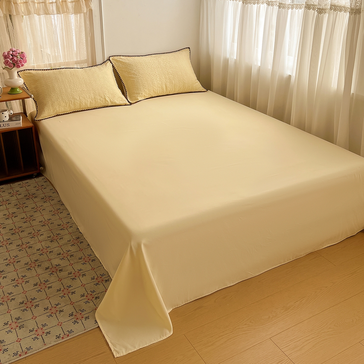 91家纺网 家纺一手货源 找家纺 一比一家纺 2026新款泡泡纱三角针四件套--纯色系列 奶油黄