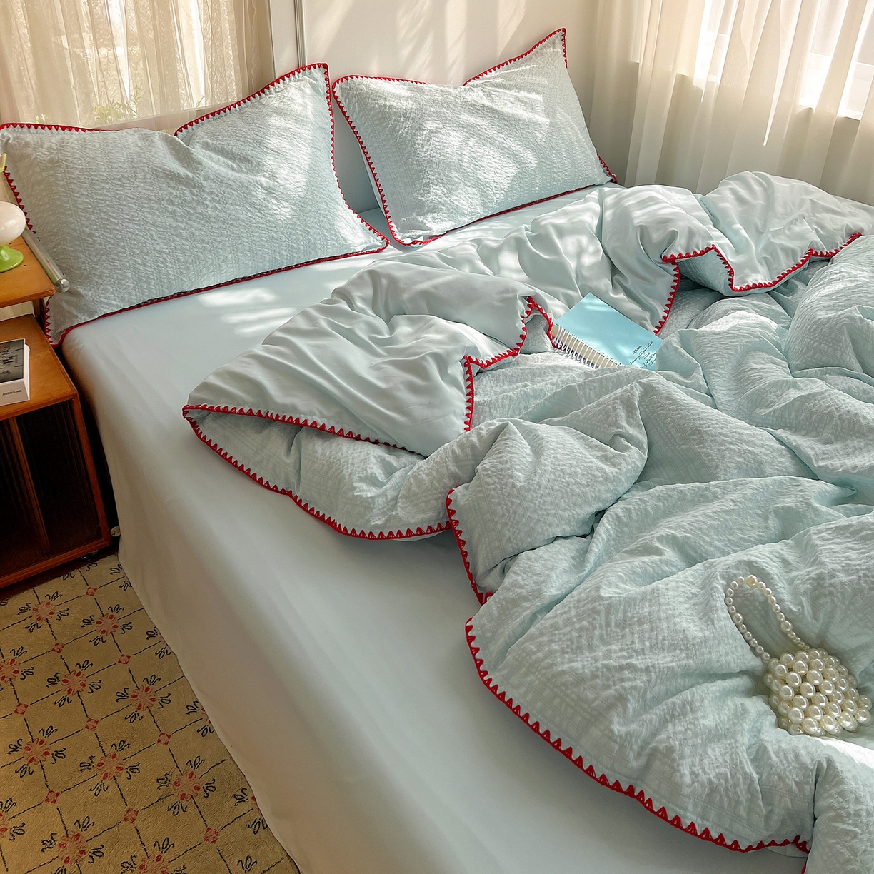 91家纺网 家纺一手货源 找家纺 一比一家纺 2026新款泡泡纱三角针四件套--纯色系列 薄荷绿