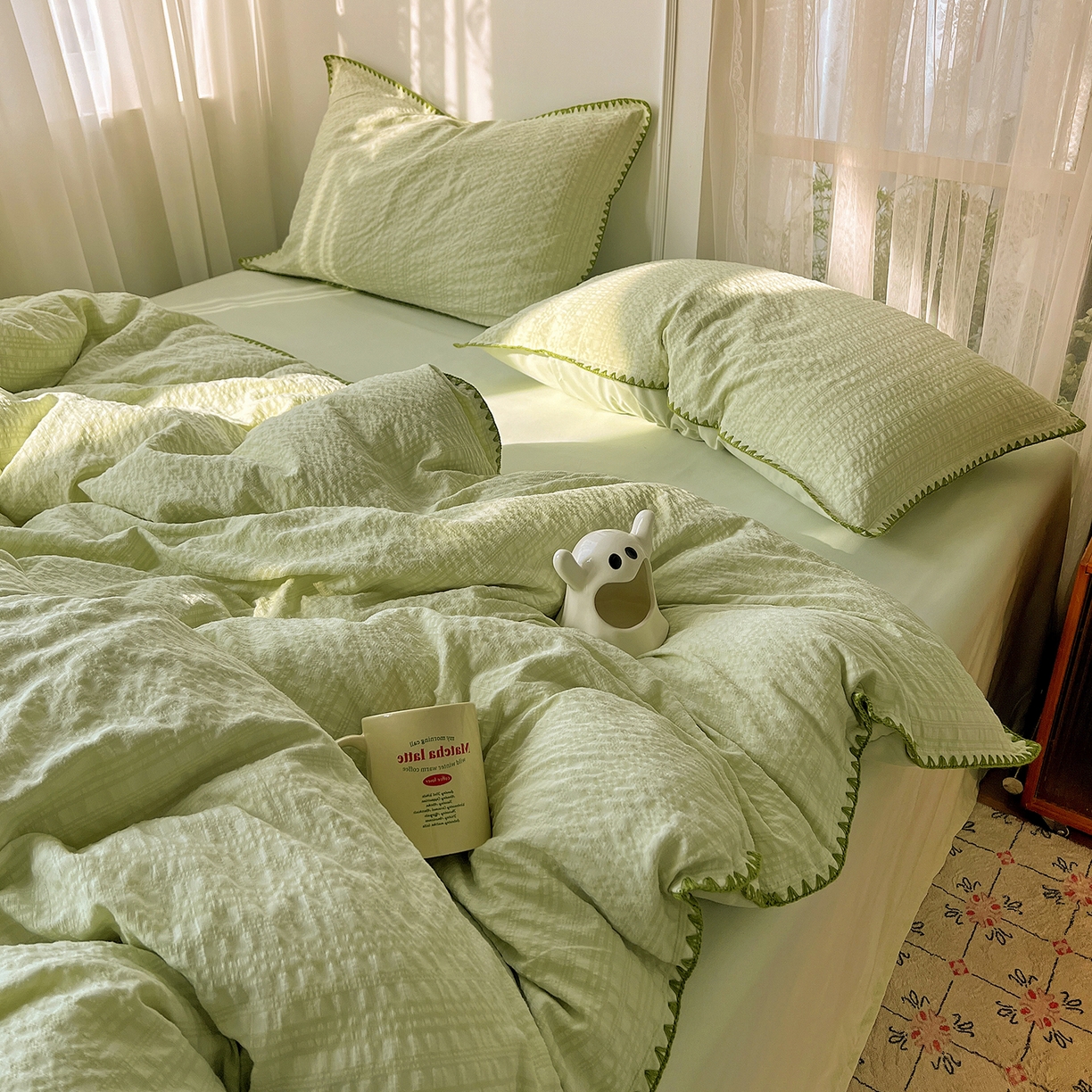 91家纺网 家纺一手货源 找家纺 一比一家纺 2026新款泡泡纱三角针四件套--纯色系列 抹茶绿