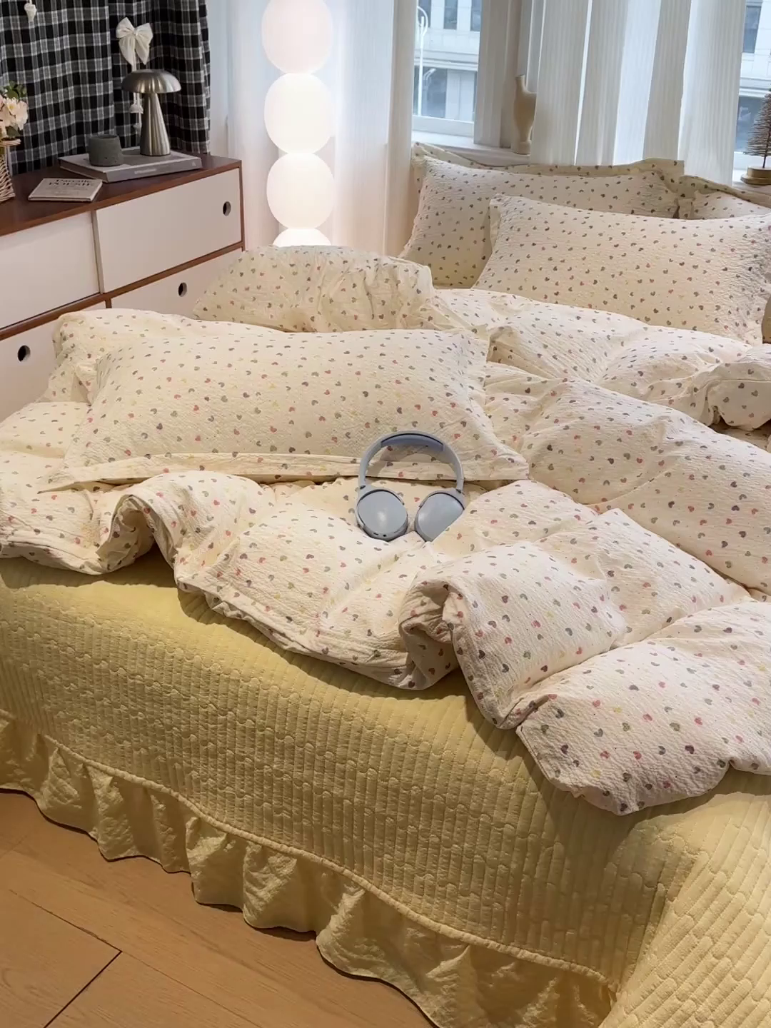 91家纺网 家纺一手货源 找家纺 富米莱（原臻工厂） 2026新款云感泡芙棉小清新印花简约床盖床裙四件套一小红书推荐 简约-彩虹糖豆