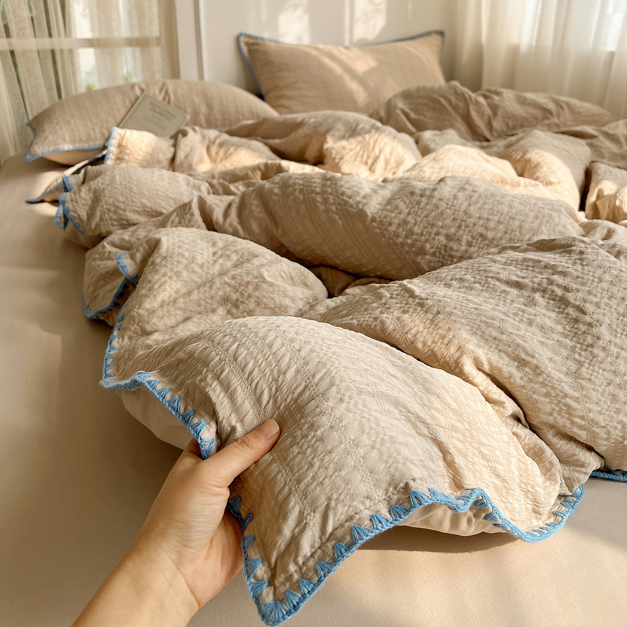 91家纺网 家纺一手货源 找家纺 （总）一比一家纺 2026新款泡泡纱三角针四件套--纯色系列