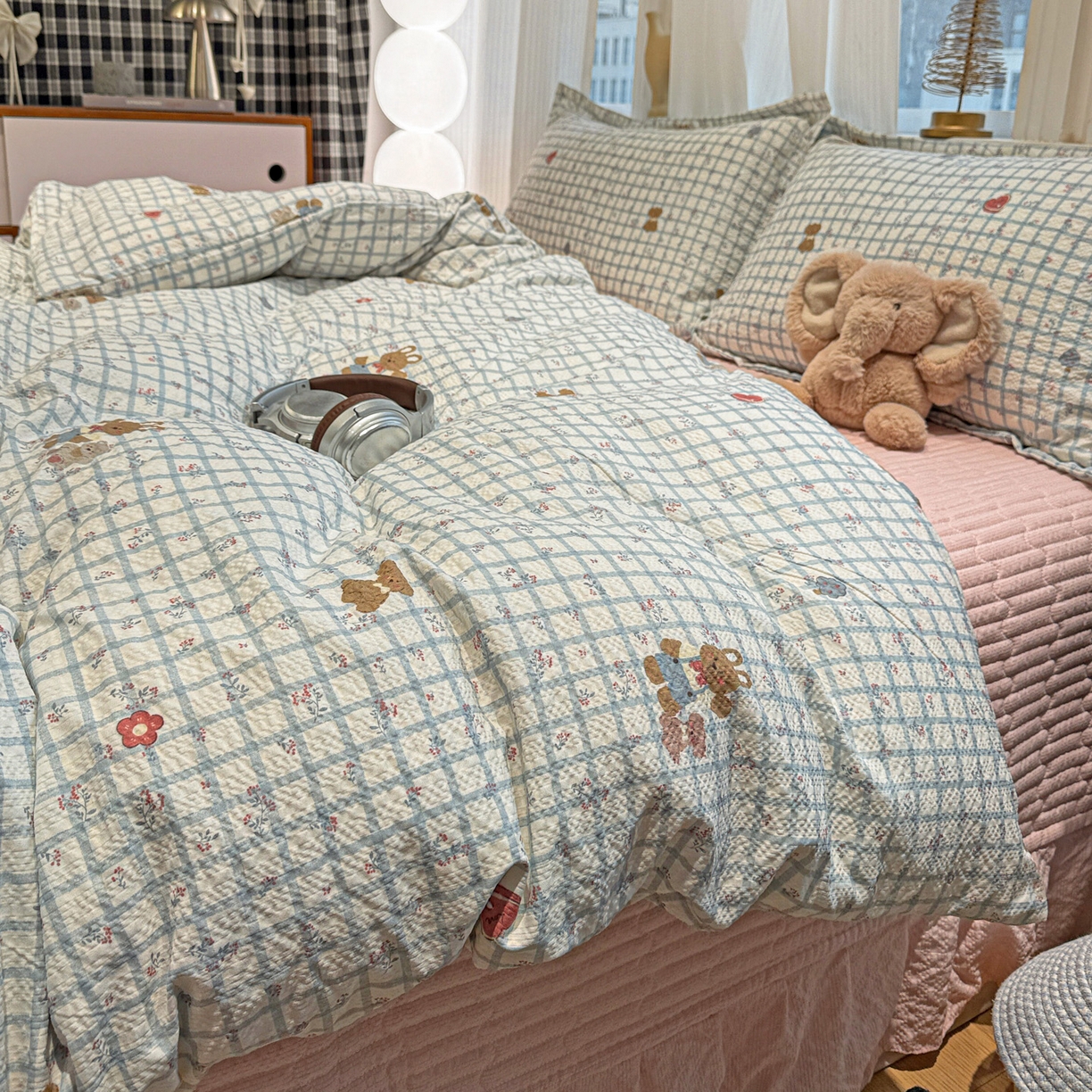 富米莱（原臻工厂） 2026新款云感泡芙棉小清新印花简约床盖床裙四件套一小红书推荐 简约-春日小熊