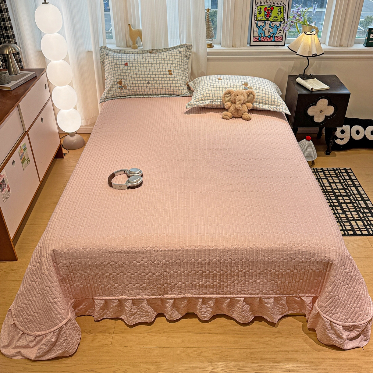 91家纺网 家纺一手货源 找家纺 富米莱（原臻工厂） 2026新款云感泡芙棉小清新印花简约床盖床裙四件套一小红书推荐 简约-春日小熊