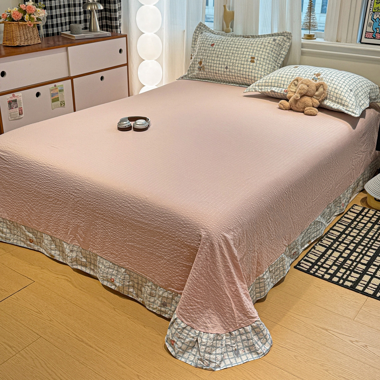 91家纺网 家纺一手货源 找家纺 富米莱（原臻工厂） 2026新款云感泡芙棉小清新印花简约床盖床裙四件套一小红书推荐 简约-春日小熊