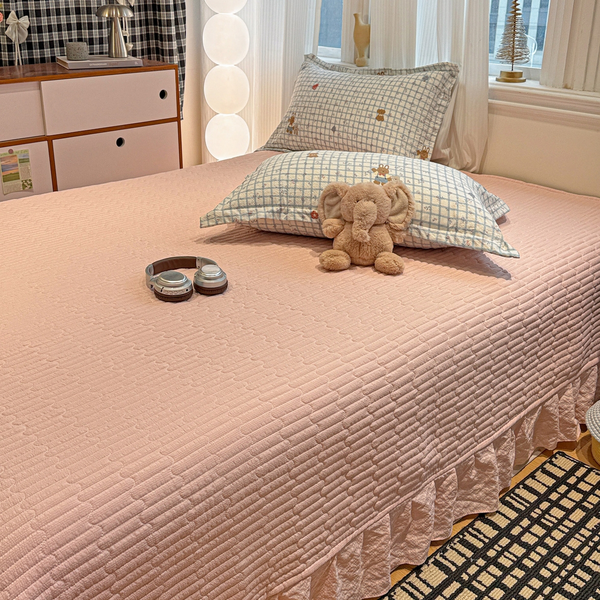 91家纺网 家纺一手货源 找家纺 富米莱（原臻工厂） 2026新款云感泡芙棉小清新印花简约床盖床裙四件套一小红书推荐 简约-春日小熊