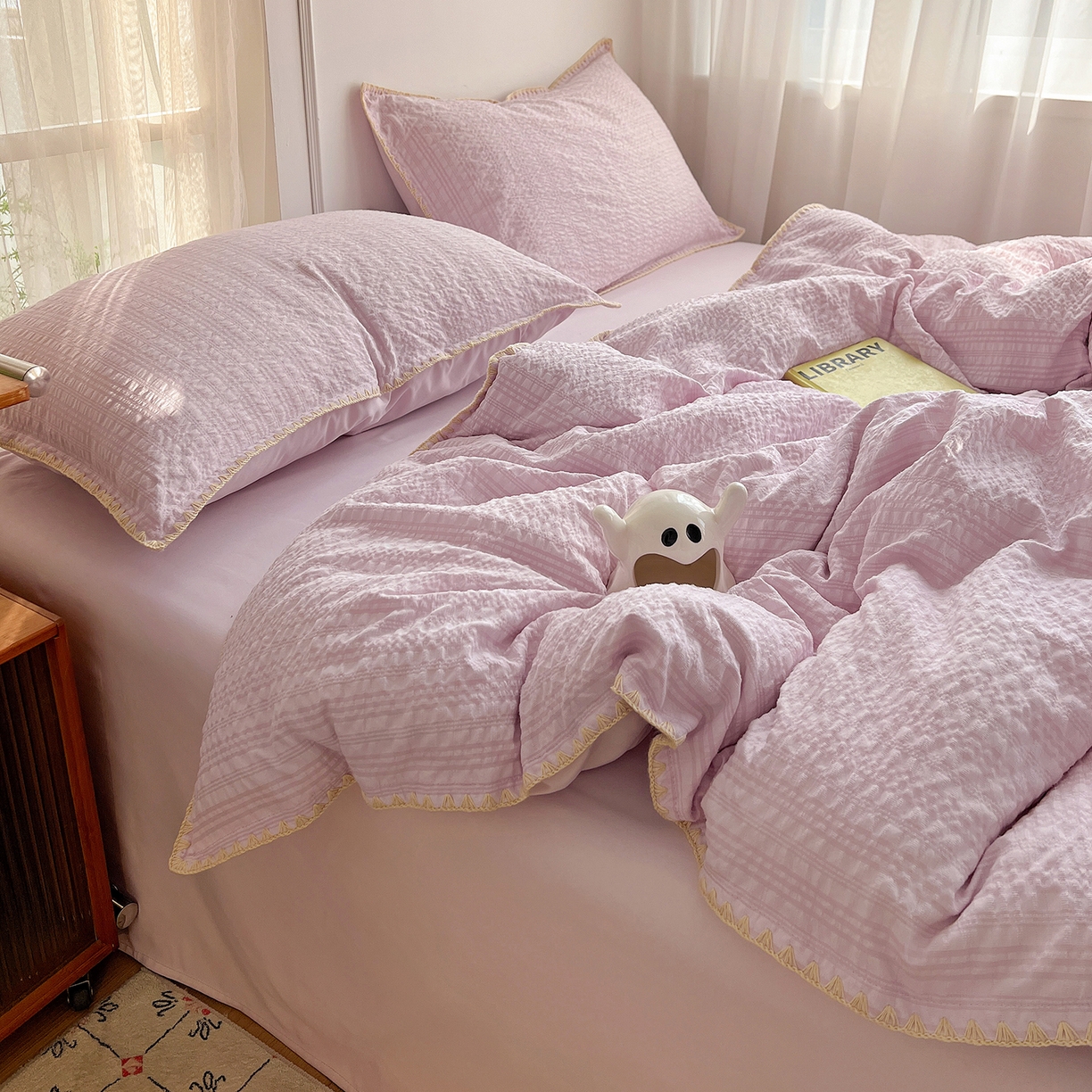 91家纺网 家纺一手货源 找家纺 一比一家纺 2026新款泡泡纱三角针四件套--纯色系列 芋泥紫