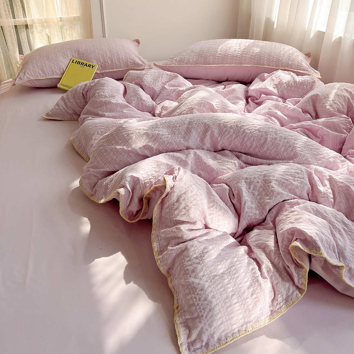 91家纺网 家纺一手货源 找家纺 一比一家纺 2026新款泡泡纱三角针四件套--纯色系列 芋泥紫