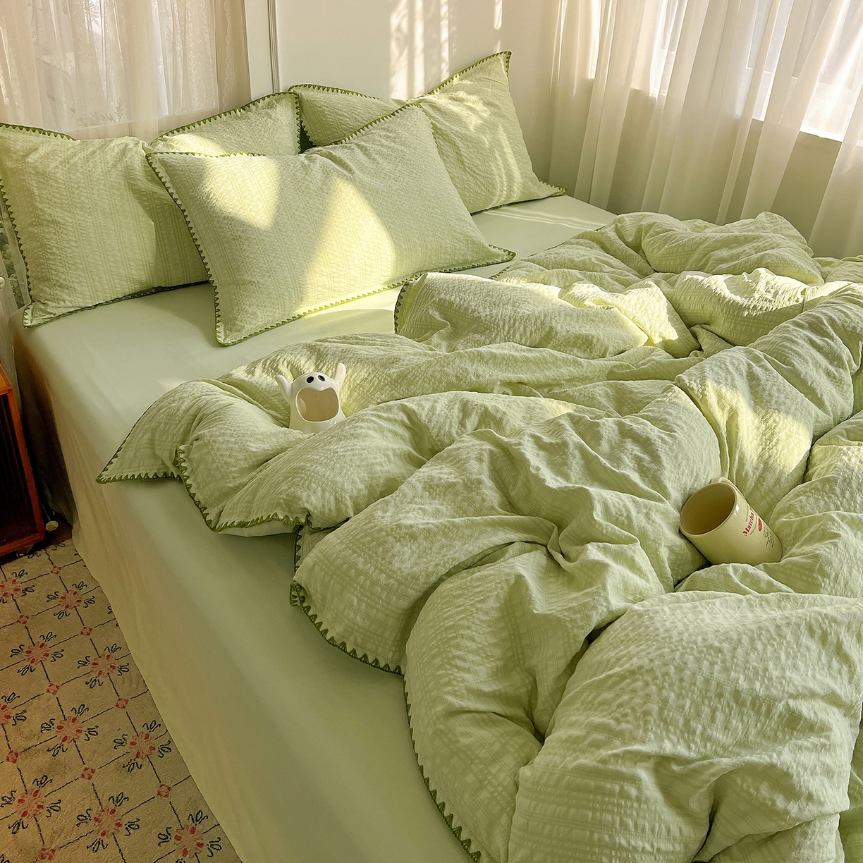 91家纺网 家纺一手货源 找家纺 一比一家纺 2026新款泡泡纱三角针四件套--纯色系列 抹茶绿