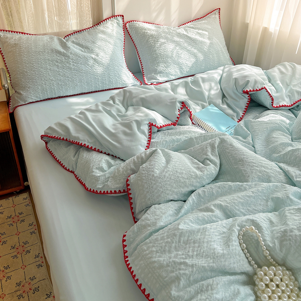 91家纺网 家纺一手货源 找家纺 一比一家纺 2026新款泡泡纱三角针四件套--纯色系列 薄荷绿