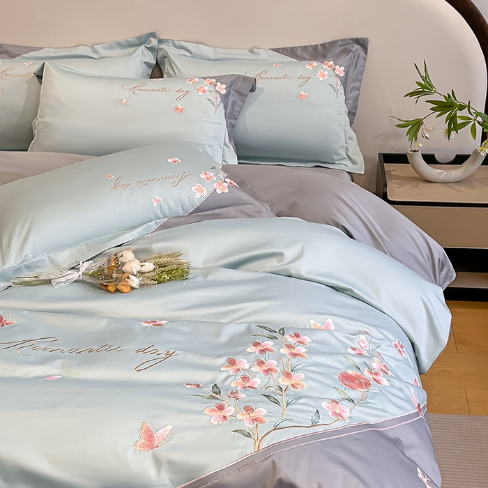 91家纺网 家纺一手货源 找家纺 桃园 新品纯棉全棉长绒棉刺绣绣花高端礼盒四件套-花语 花语-飘蓝