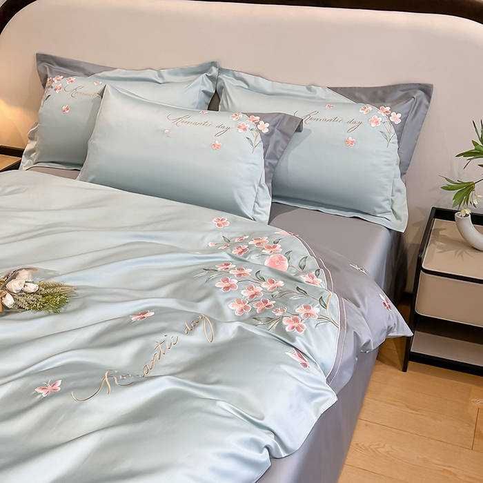 91家纺网 家纺一手货源 找家纺 桃园 新品纯棉全棉长绒棉刺绣绣花高端礼盒四件套-花语 花语-飘蓝