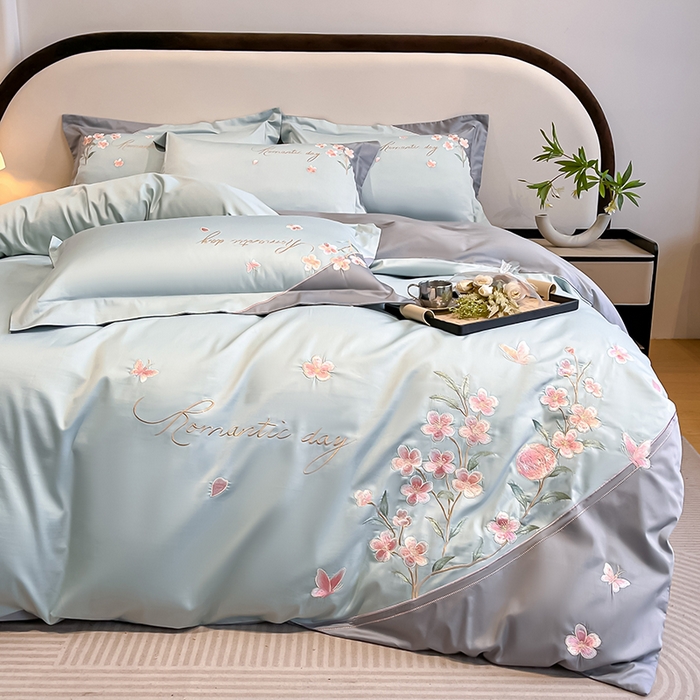 91家纺网 家纺一手货源 找家纺 桃园 新品纯棉全棉长绒棉刺绣绣花高端礼盒四件套-花语 花语-飘蓝