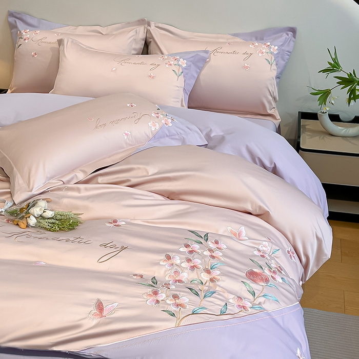 91家纺网 家纺一手货源 找家纺 桃园 新品纯棉全棉长绒棉刺绣绣花高端礼盒四件套-花语 花语-轻奢粉