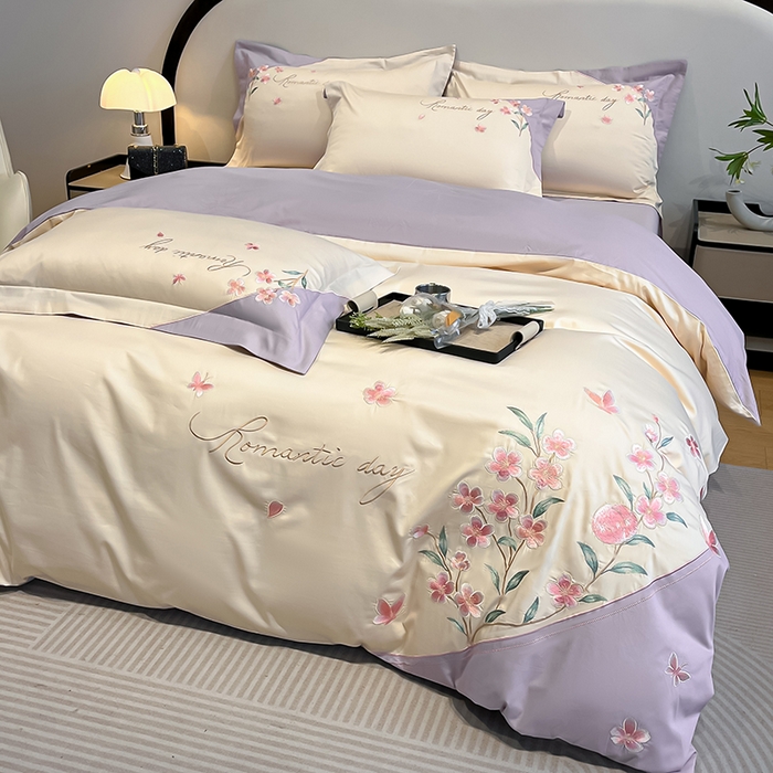 桃园 新品纯棉全棉长绒棉刺绣绣花高端礼盒四件套-花语 花语-白紫