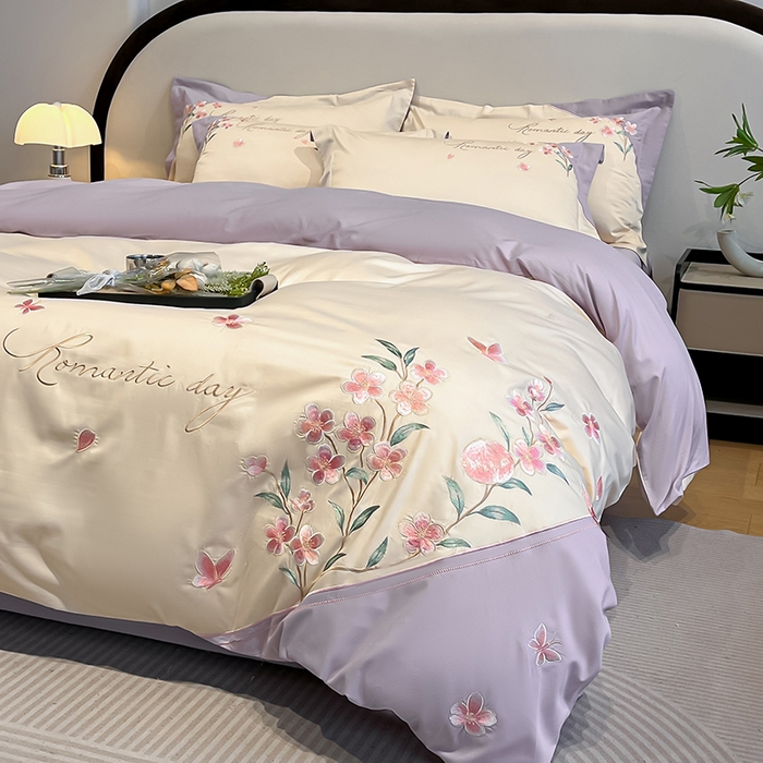 91家纺网 家纺一手货源 找家纺 桃园 新品纯棉全棉长绒棉刺绣绣花高端礼盒四件套-花语 花语-白紫