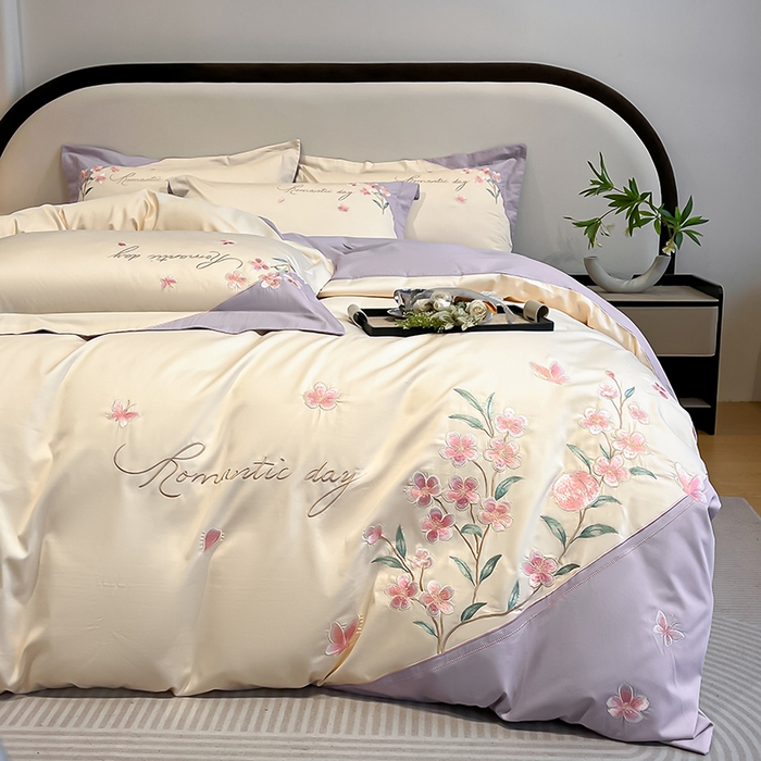 91家纺网 家纺一手货源 找家纺 桃园 新品纯棉全棉长绒棉刺绣绣花高端礼盒四件套-花语 花语-白紫