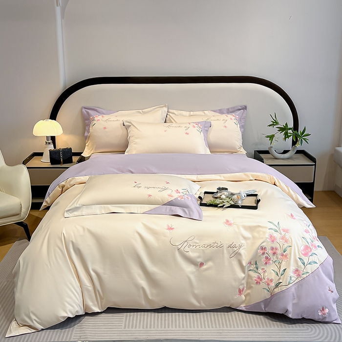 91家纺网 家纺一手货源 找家纺 桃园 新品纯棉全棉长绒棉刺绣绣花高端礼盒四件套-花语 花语-白紫