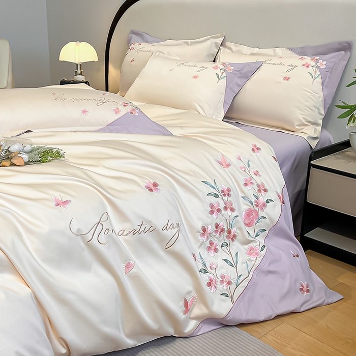 91家纺网 家纺一手货源 找家纺 桃园 新品纯棉全棉长绒棉刺绣绣花高端礼盒四件套-花语 花语-白紫