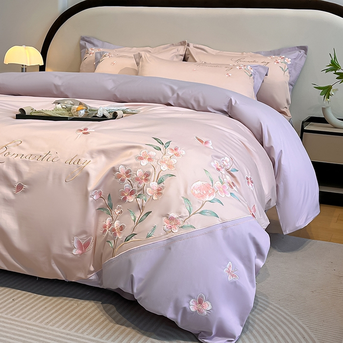 91家纺网 家纺一手货源 找家纺 桃园 新品纯棉全棉长绒棉刺绣绣花高端礼盒四件套-花语 花语-轻奢粉